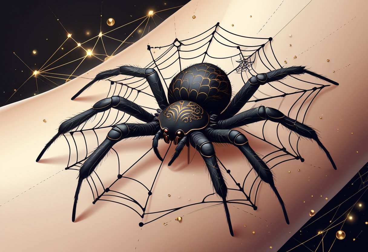 Aranha Tatuagem: Significados, Estilos e Ideias para Inspirar Ilustração detalhada de uma aranha com padrões intricados em seu corpo e pernas, cercada por elementos simbólicos como teias delicadas e formas geométricas sutis, sobre um fundo que lembra pele lisa.