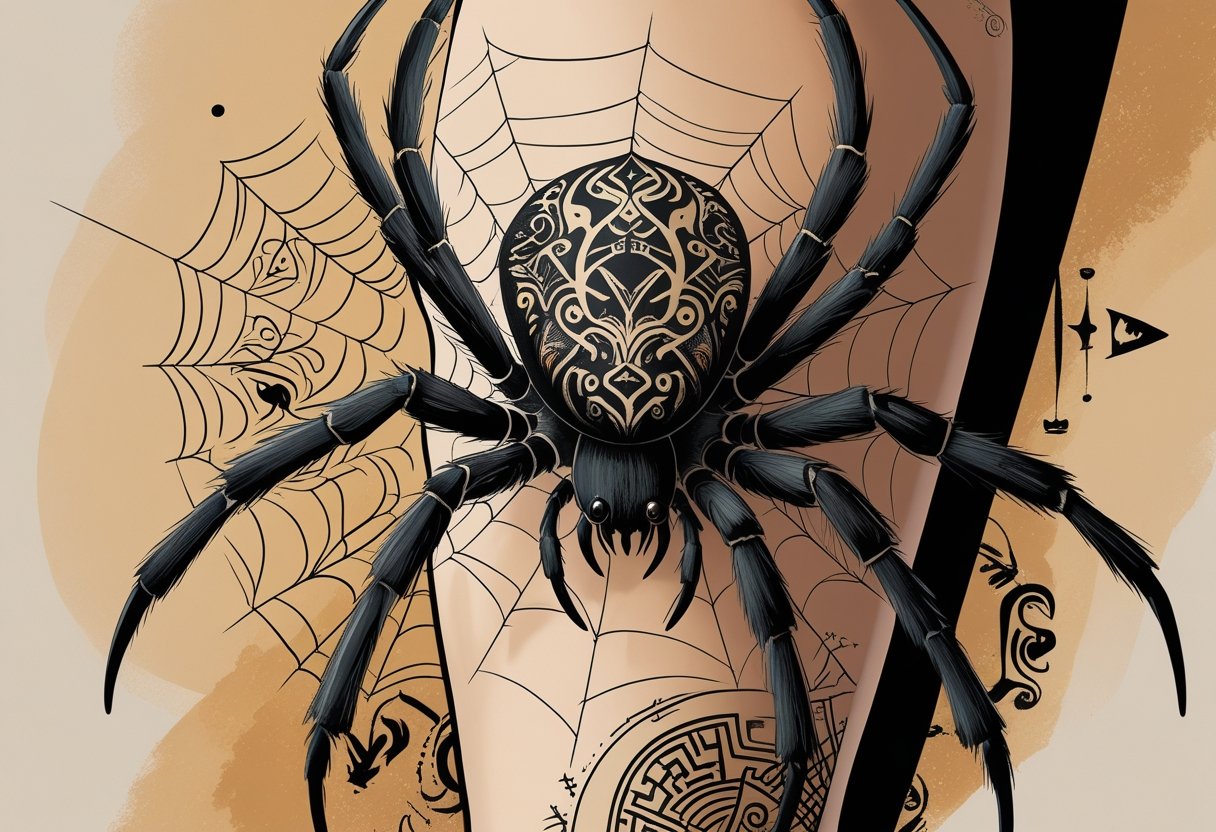 Aranha Tatuagem: Significados, Estilos e Ideias para Inspirar Ilustração de uma aranha tatuada no braço, cercada por símbolos culturais e elementos místicos que representam proteção e transformação.