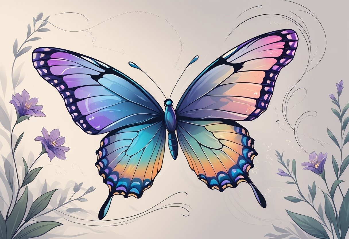 Tatuagem de borboleta significado: o que representa e inspira essa arte Uma borboleta colorida voando próxima a flores desabrochando, simbolizando transformação e liberdade.