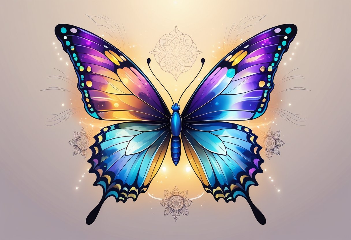 Tatuagem de borboleta significado: o que representa e inspira essa arte Uma tatuagem de borboleta detalhada com elementos espirituais e culturais ao redor, mostrando transformação e liberdade.