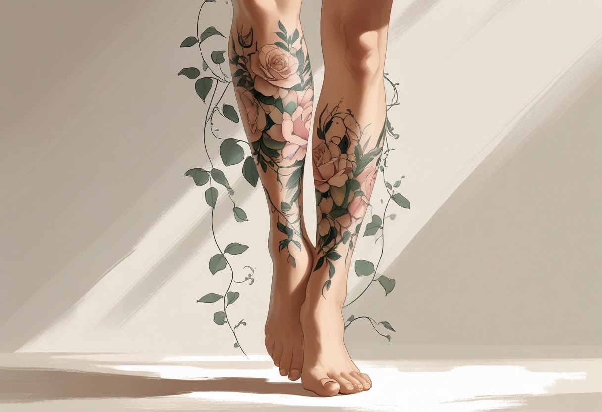 Ilustração de uma perna feminina com uma tatuagem floral elegante na panturrilha e coxa.