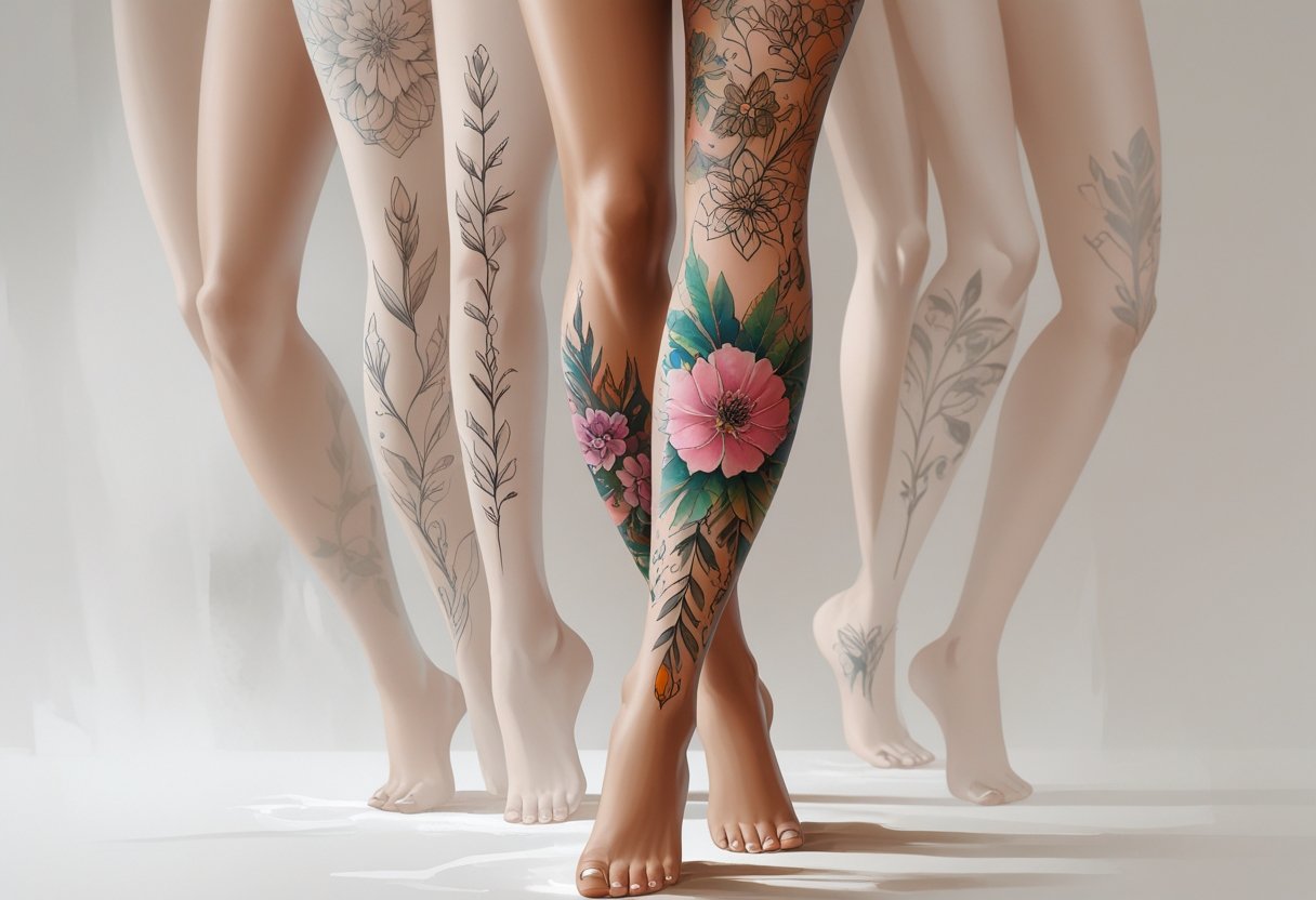 Ilustração detalhada de uma perna feminina com várias tatuagens diferentes, mostrando a pele e os desenhos de forma clara e elegante.