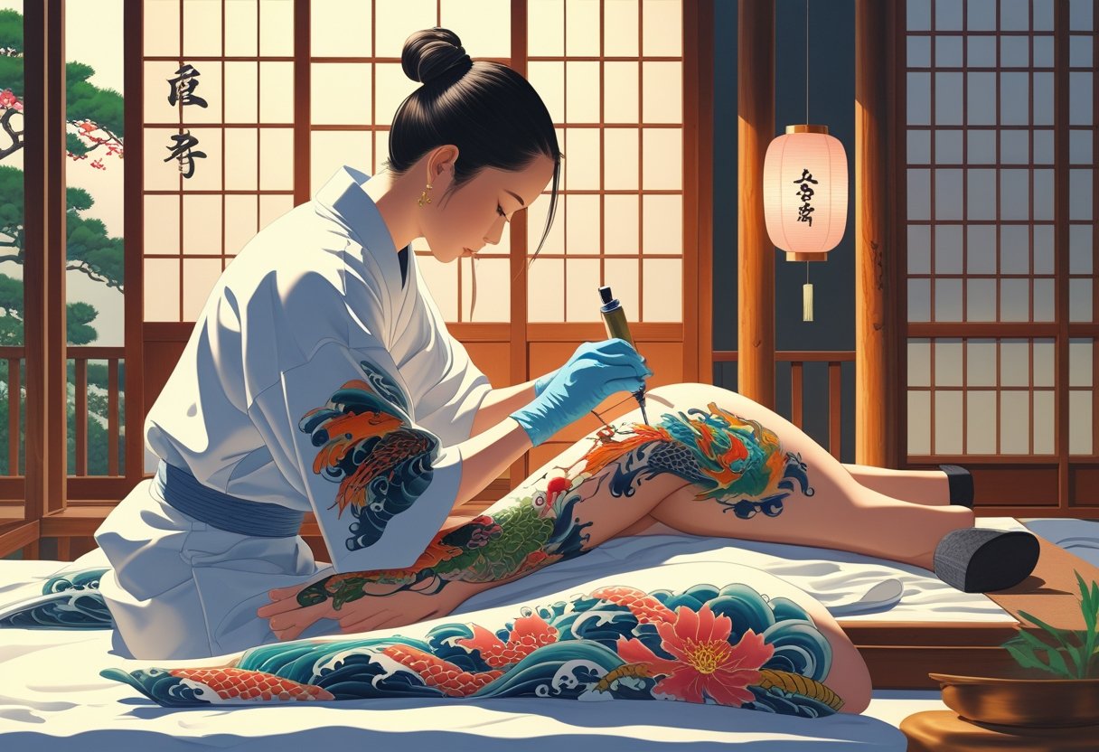 Um artista tatuando um cliente em um ambiente tradicional japonês, com tatuagens coloridas de peixes, dragões e flores visíveis no braço do cliente.