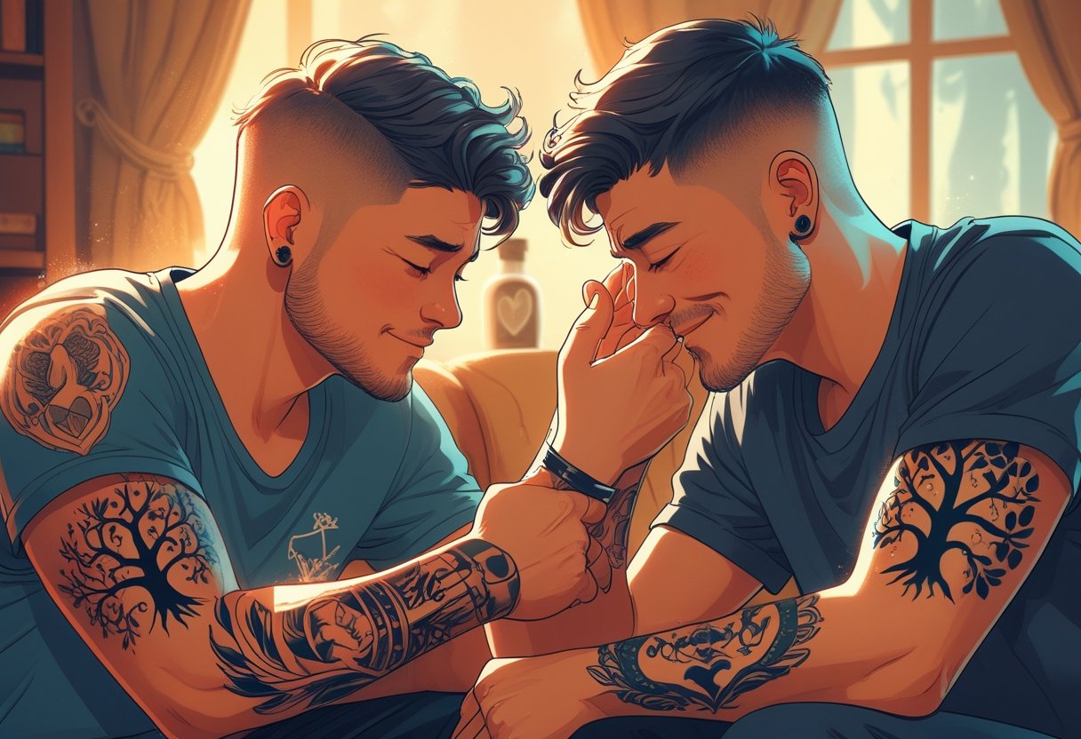 Tatuagem Pai e Filho: Ideias e Significados para Celebrar o Vínculo Familiar Pai e filho sentados juntos, mostrando tatuagens combinando nos braços, com o pai tocando a tatuagem do filho em um momento de conexão e carinho.