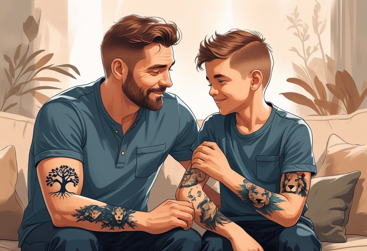 Tatuagem Pai e Filho: Ideias e Significados para Celebrar o Vínculo Familiar Pai e filho sentados juntos mostrando tatuagens combinando nos braços, demonstrando conexão e carinho entre eles.