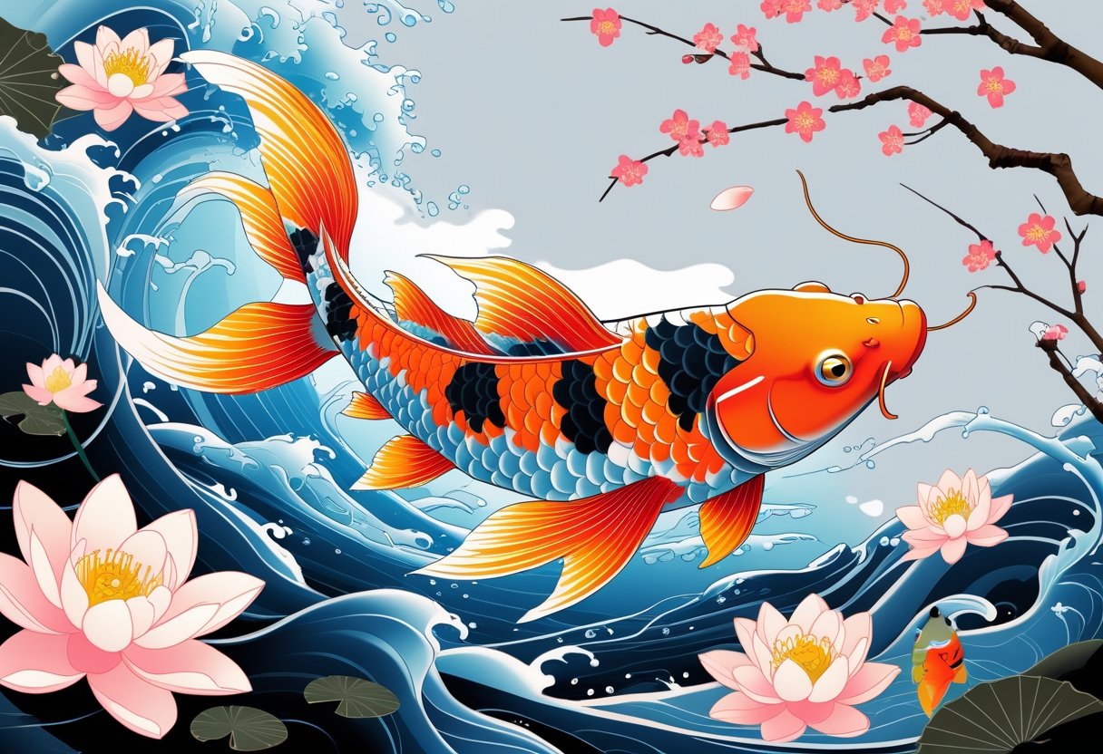 Significado Tatuagem Carpa: Origem, Simbolismo e Inspirações Uma carpa nadando em água clara cercada por ondas, flores de lótus e flores de cerejeira.