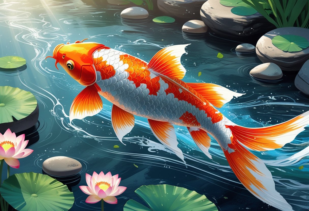 Significado Tatuagem Carpa: Origem, Simbolismo e Inspirações Um peixe carpa colorido nadando em um rio com pedras e flores de lótus ao redor.