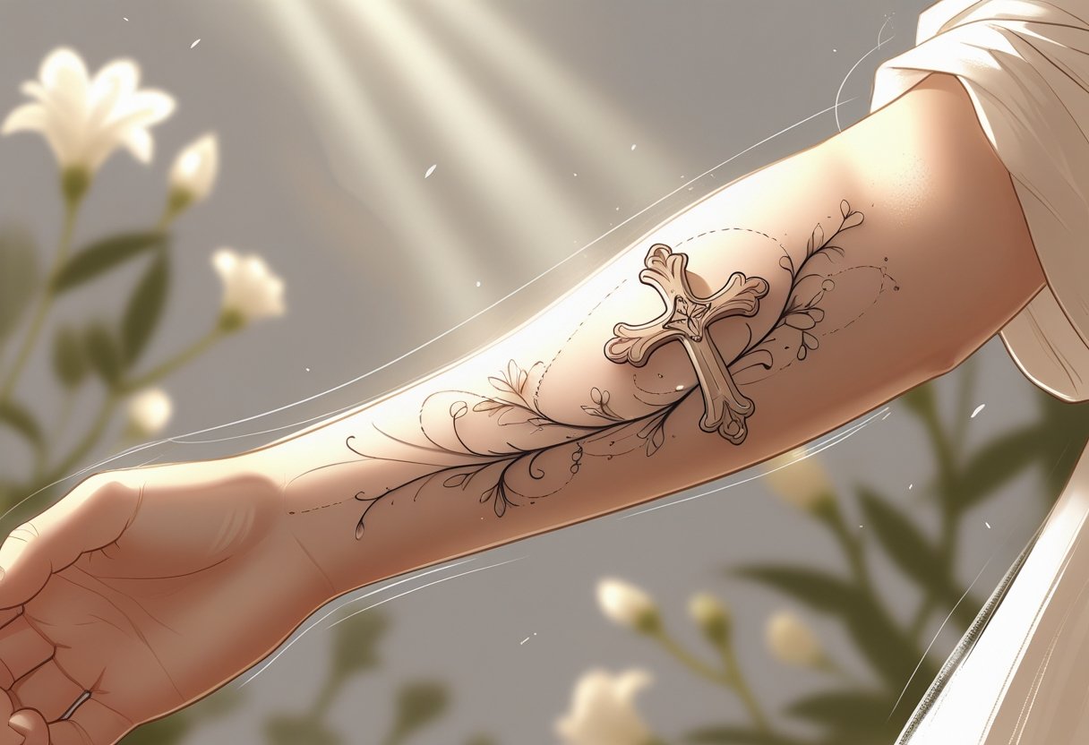 Braço com uma tatuagem detalhada que inclui uma cruz, raios de luz e flores delicadas, transmitindo uma sensação de espiritualidade e bênção.