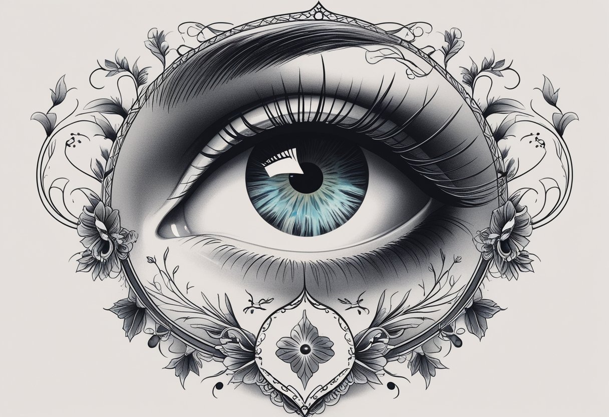 Tatuagem Olho: Significados, Estilos e Cuidados Essenciais Ilustração detalhada de um olho humano realista cercado por padrões ornamentais e elementos decorativos, representando um desenho de tatuagem.