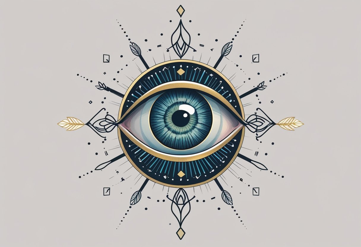 Tatuagem Olho: Significados, Estilos e Cuidados Essenciais Ilustração de um olho humano rodeado por símbolos que representam proteção, espiritualidade e sabedoria.