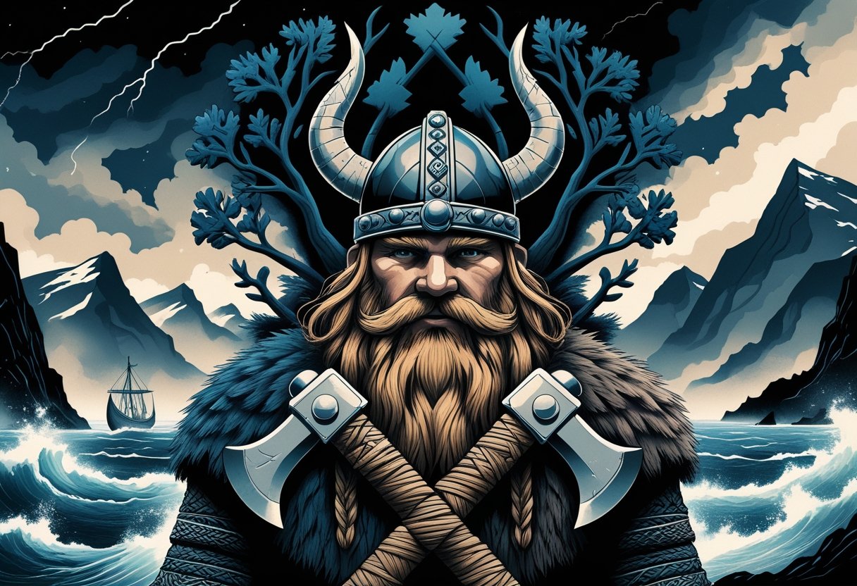 Tatuagem Viking: Significados, Estilos e Inspirações Autênticas Ilustração de um guerreiro viking com capacete e machado, cercado por símbolos nórdicos como navio, árvore Yggdrasil e martelo de Thor, em uma paisagem com montanhas e céu tempestuoso.