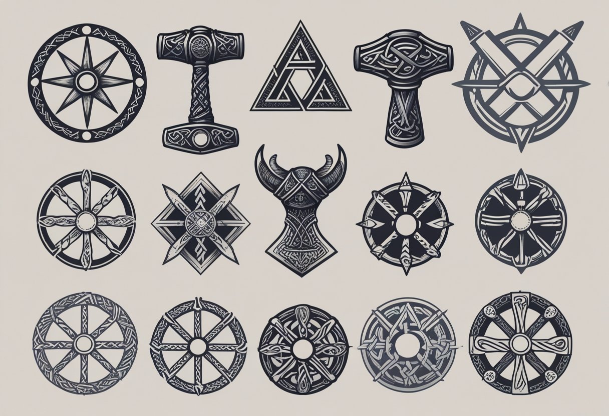 Tatuagem Viking: Significados, Estilos e Inspirações Autênticas Ilustração mostrando os principais símbolos vikings usados em tatuagens, incluindo o Vegvisir, Mjölnir, Valknut, Yggdrasil e o Elmo de Terror, dispostos juntos sobre um fundo neutro.