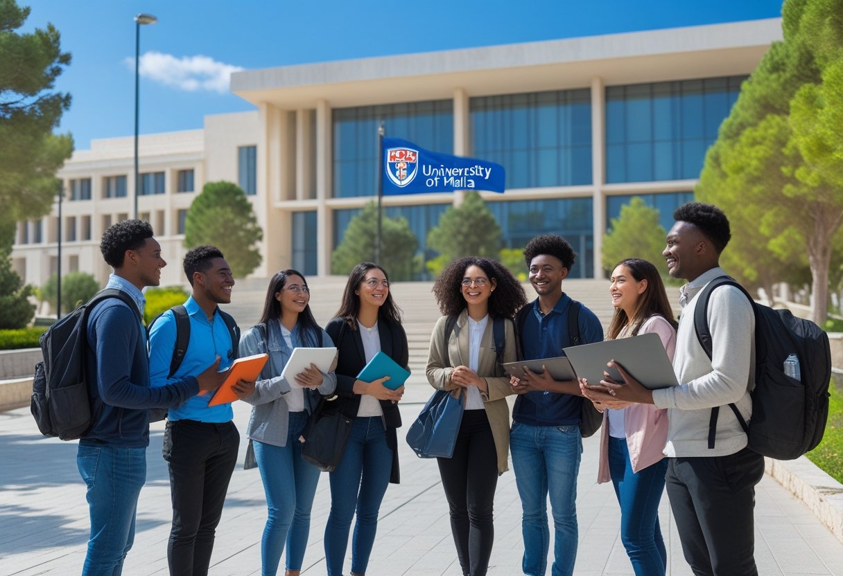 A diverse group of university students standing and talking outside a modern university building on a sunny day.