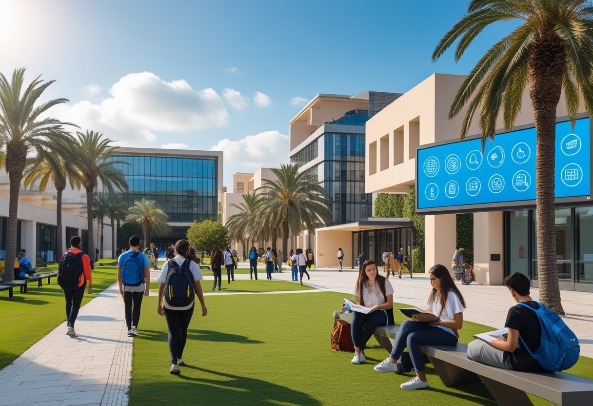 Students studying and walking on a university campus with modern buildings and palm trees in the background.