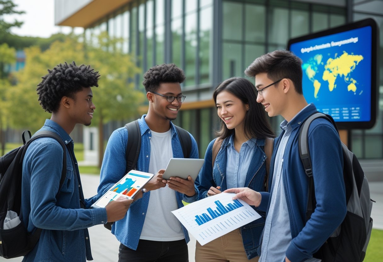 A group of diverse students studying and discussing outside a modern university building with greenery.