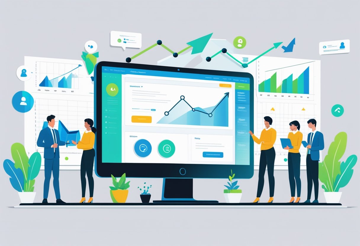 An office scene showing a computer screen with a website, charts indicating growth, and a team working together on digital marketing strategies.