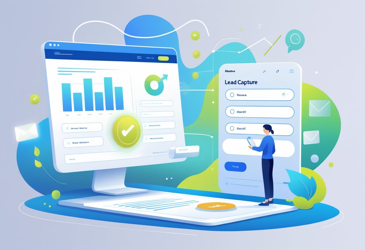 A modern website landing page with a highlighted call-to-action button and a user filling out a lead form, surrounded by icons representing communication and growth.