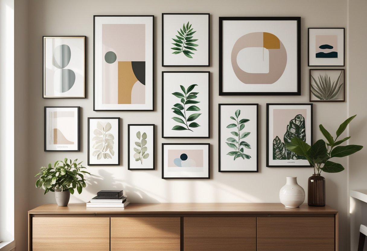 A living room wall with a neatly arranged collection of framed artwork above a wooden console table with decorative items.