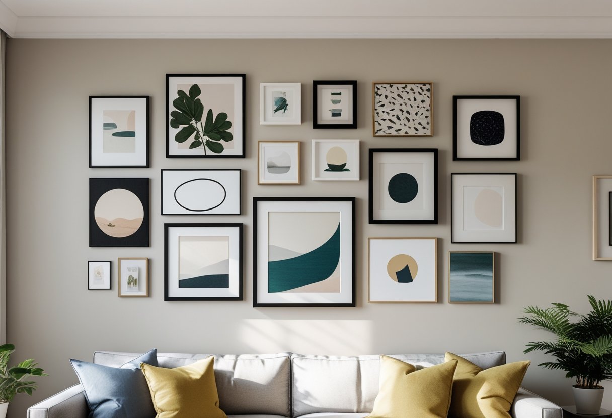 A living room wall with a neatly arranged collection of framed art and decorative pieces above a sofa and a small plant on a side table.