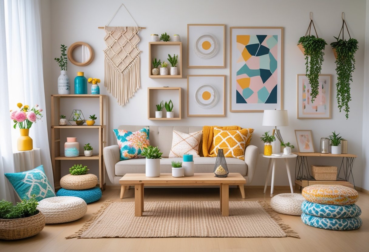 A cozy living room displaying ten different handmade home decor items including vases with flowers, wall hangings, terrariums, shelves with decorations, candles, throw blankets, framed art, pillows, a lamp, and an indoor herb garden.