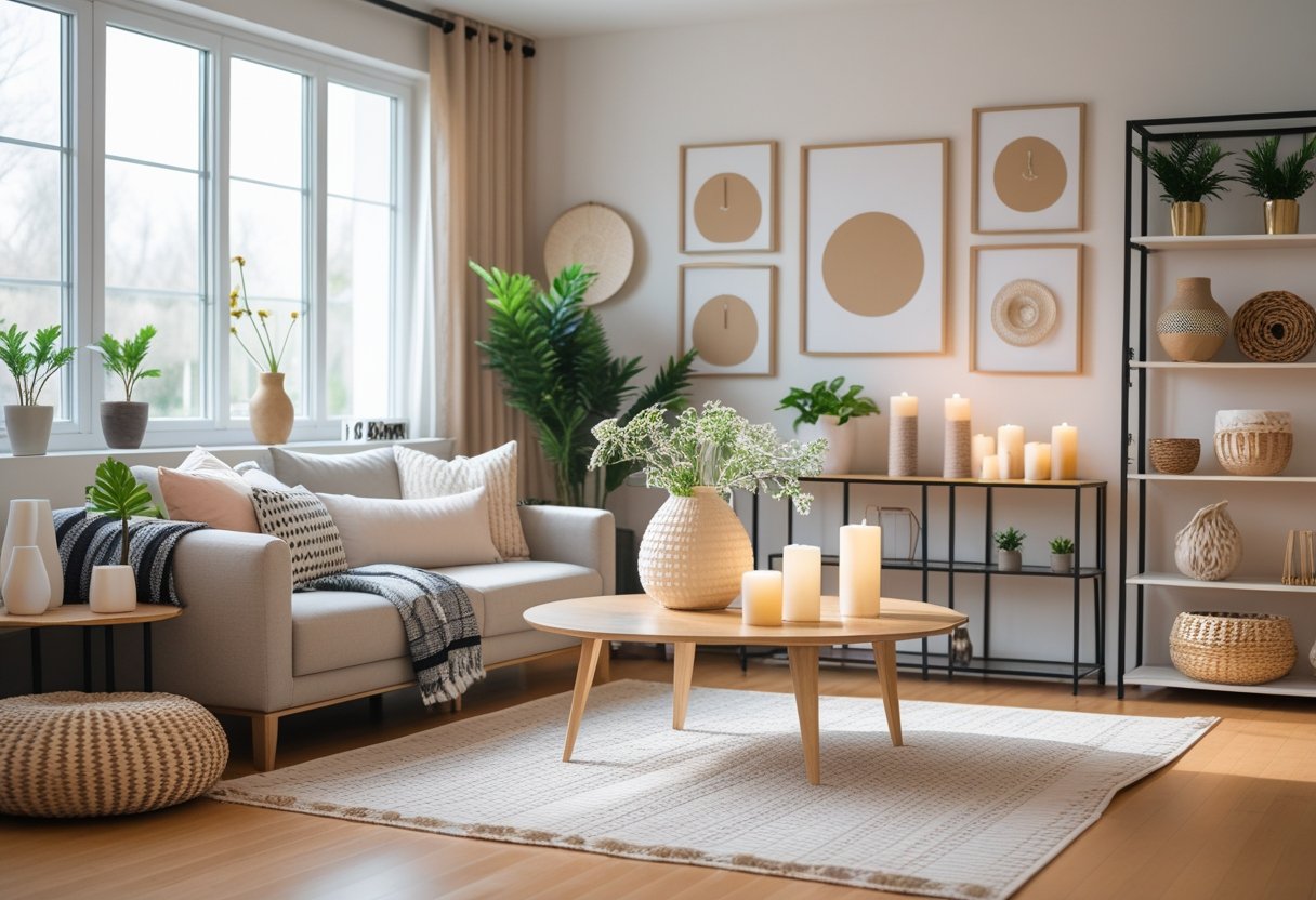 A cozy living room with a modern sofa, coffee table with handmade decor, framed art on the wall, and shelves with plants and decorative objects.