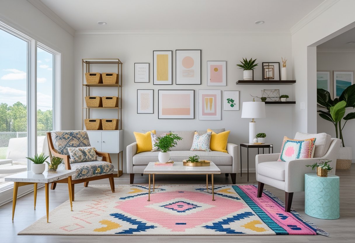 A bright living room featuring various upgraded furniture pieces and decor, including a painted coffee table, repurposed bookshelf, upholstered armchair, floating shelves, side table, wall gallery, floor lamp, area rug, throw pillows, and an indoor plant.