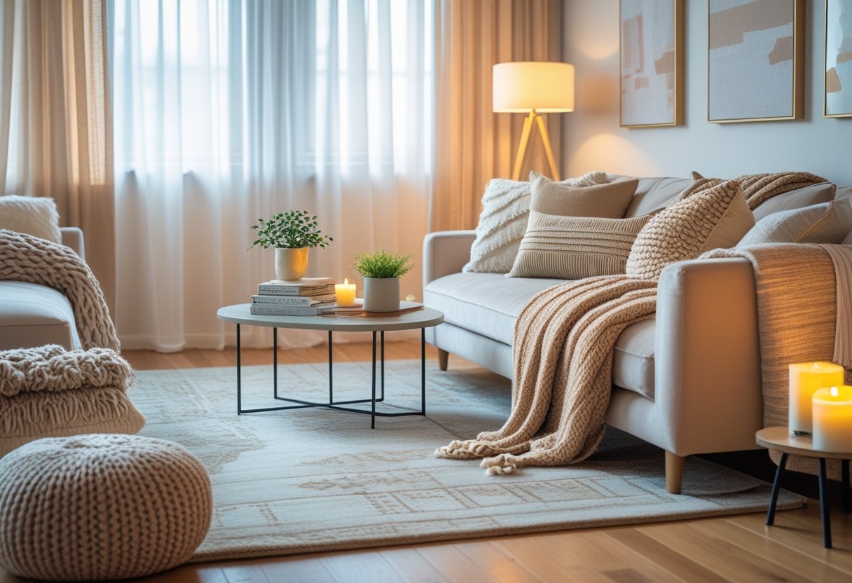 A living room with a sofa covered in multiple throw blankets and pillows, a coffee table with books and a plant, a soft rug on the floor, and natural light coming through large windows.