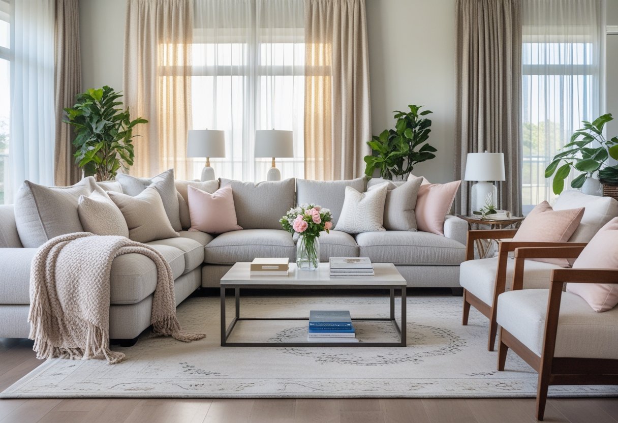 A bright living room with a sofa covered in multiple throw blankets and cushions, a patterned rug, coffee table with flowers, layered curtains on large windows, and plants creating a cozy atmosphere.