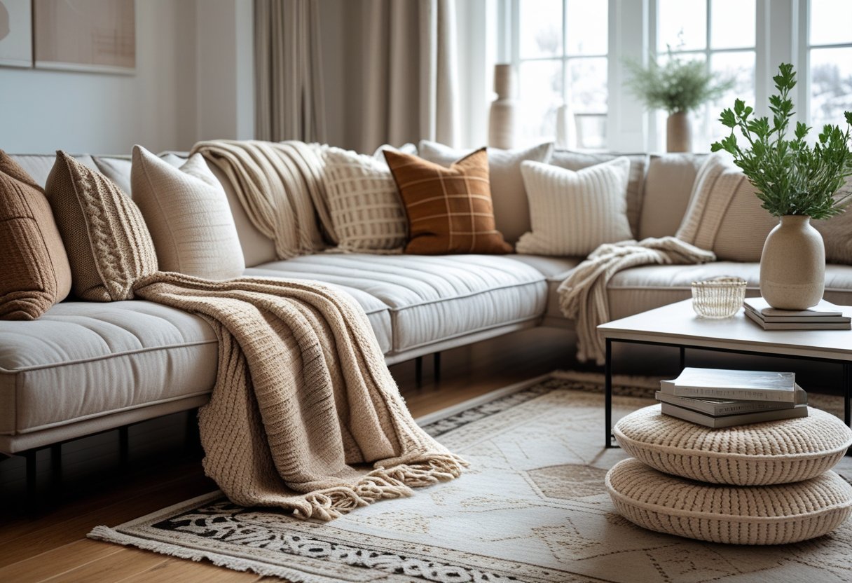 A cozy living room with a sofa layered with throw pillows and a blanket, a patterned rug on the floor, a coffee table with books and a vase, and sunlight coming through large windows.