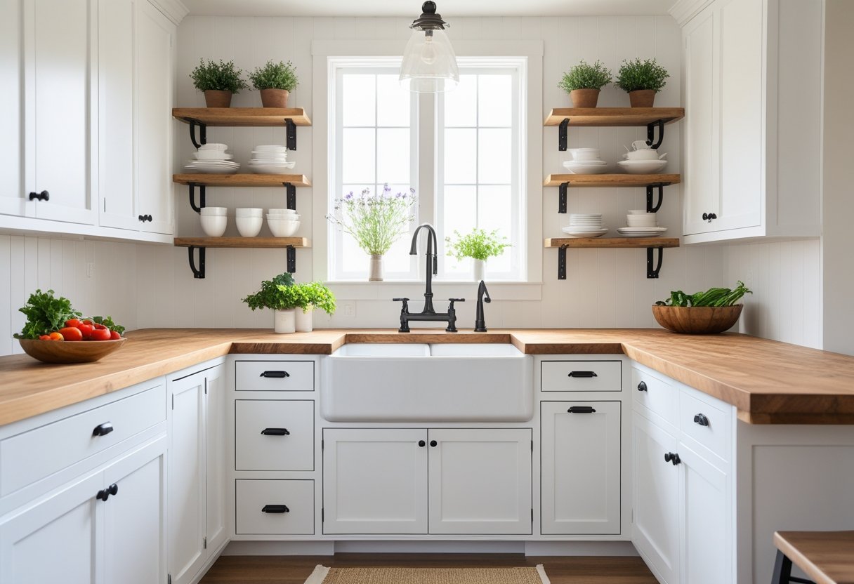 A bright kitchen with white cabinets, wooden countertops, a farmhouse sink, and natural light coming through a window.