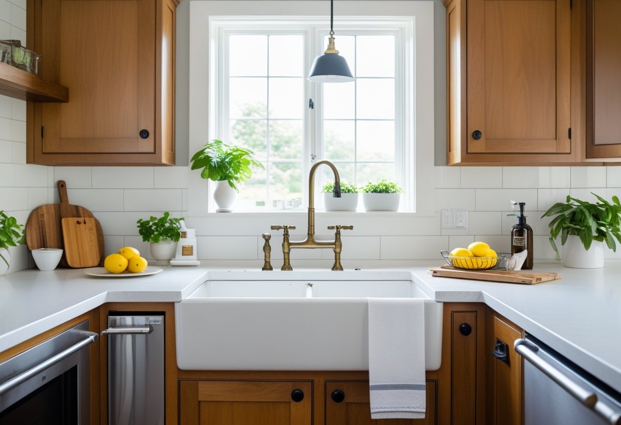 A bright kitchen with a large white sink, wooden cabinets, and natural light coming through a window above the sink.