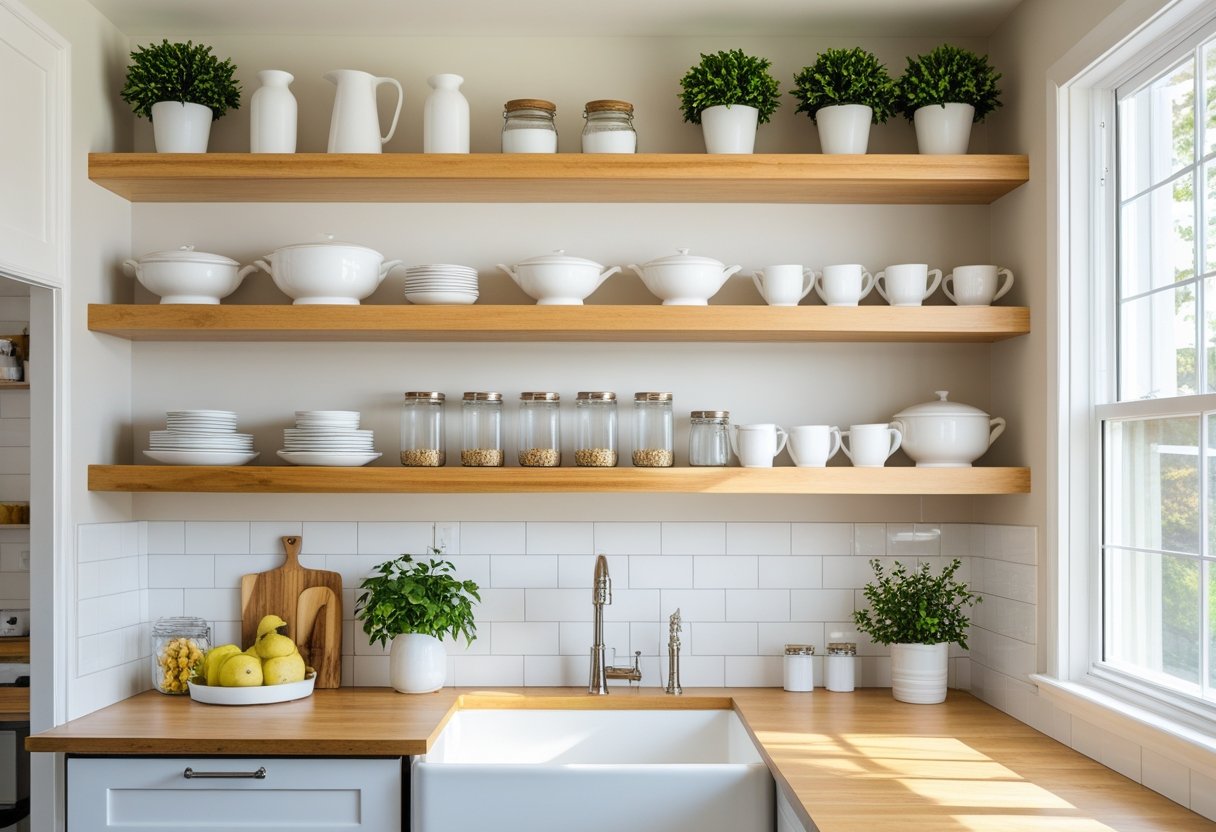 A bright kitchen with open wooden shelves holding dishes, jars, and plants above a sink and countertop.