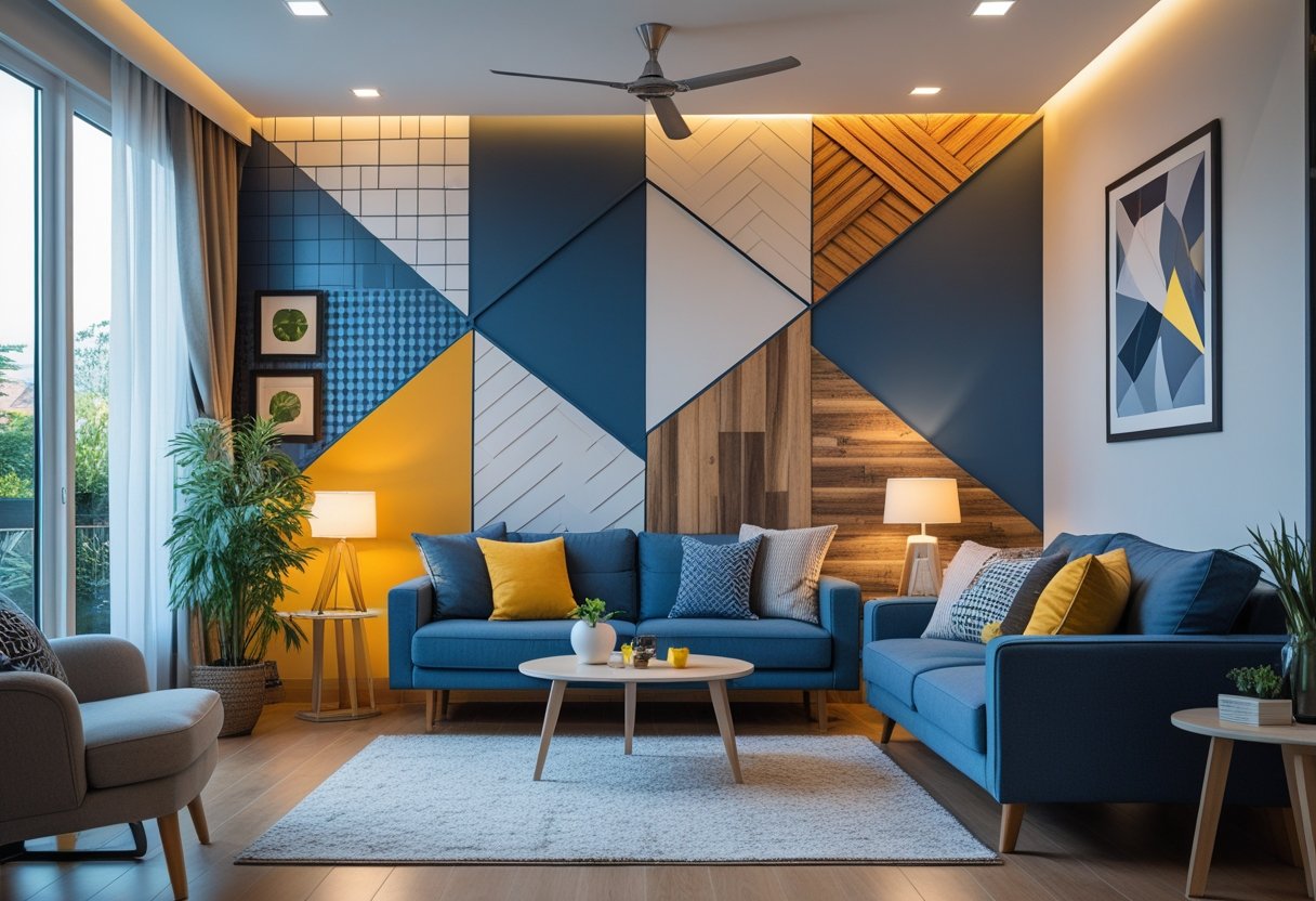 A living room with a decorative accent wall behind a sofa, featuring modern furniture and natural lighting.