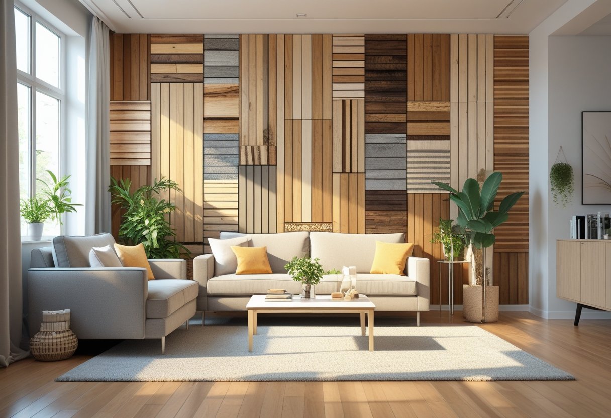 A bright living room with a wood accent wall, a sofa, coffee table, and plants.
