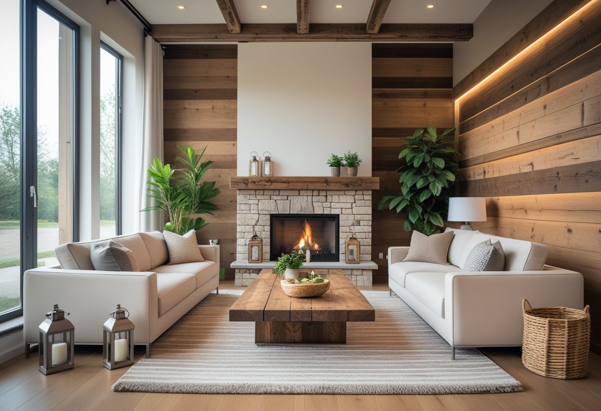 A well-lit living room with modern furniture and wooden accents, featuring a fireplace, plants, and natural light coming through large windows.