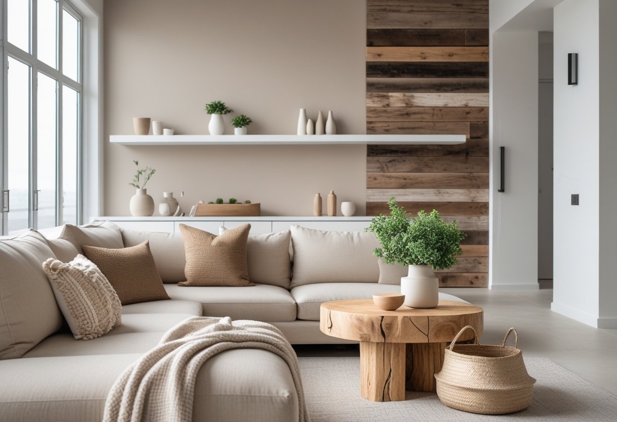 A cozy living room with a beige sofa, wooden coffee table, shelves with decor, and natural light coming through large windows.