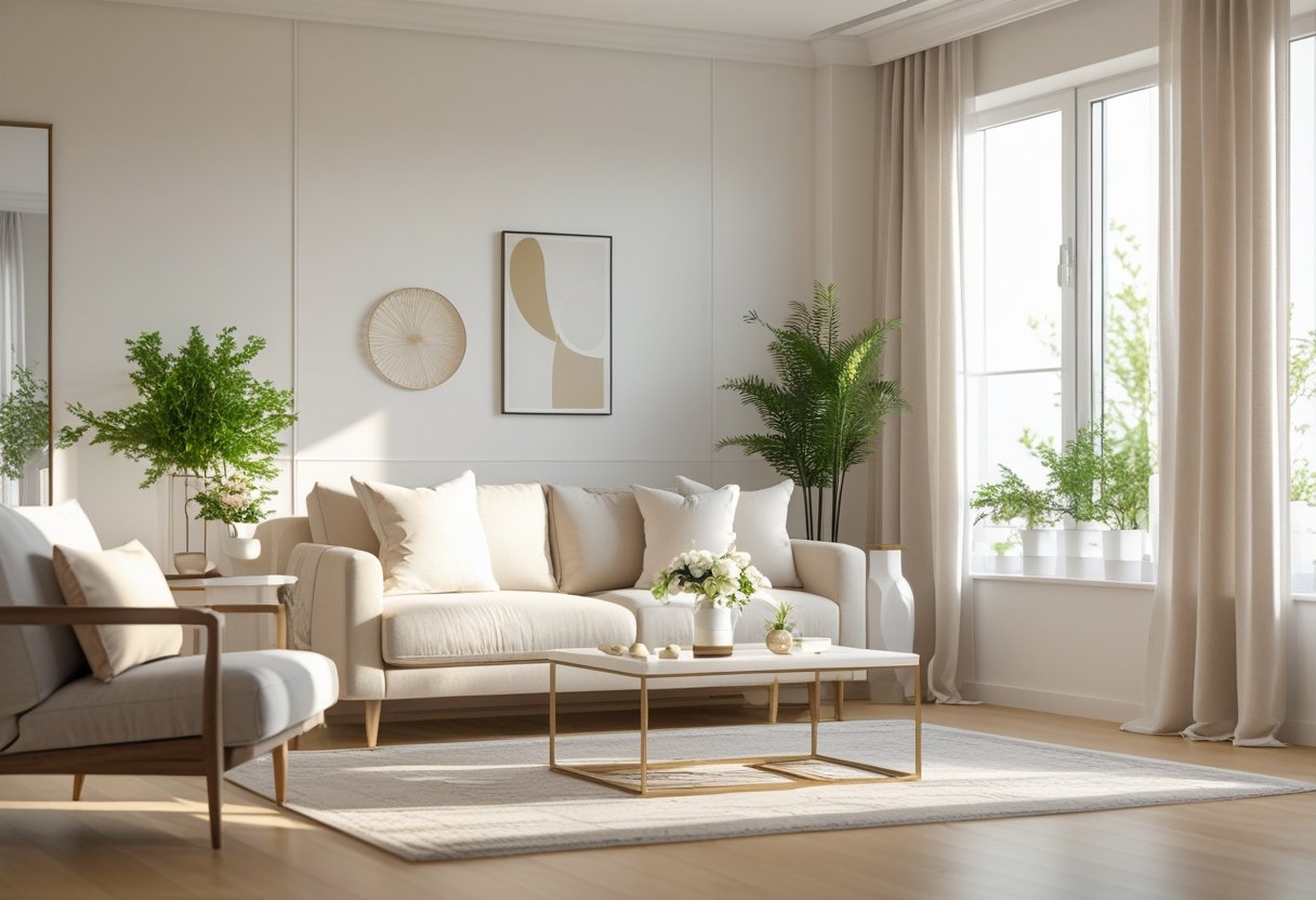 A well-lit living room with a sofa, coffee table, decorative pillows, plants, and wall art.