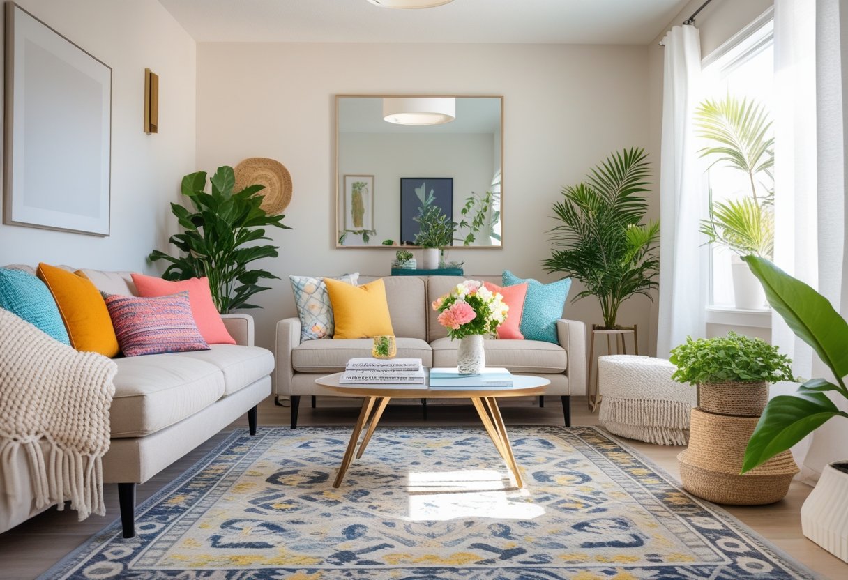 A modern living room with a sofa, colorful pillows, a coffee table with flowers and books, wall art, a large mirror, potted plants, and a patterned rug.