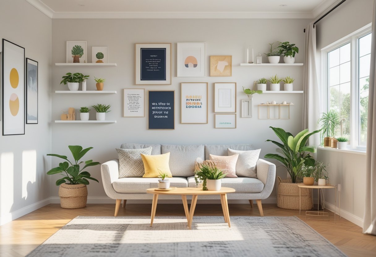 A modern living room with a gallery wall, shelves with plants and decor, and a cozy sofa, showing affordable home decoration ideas.