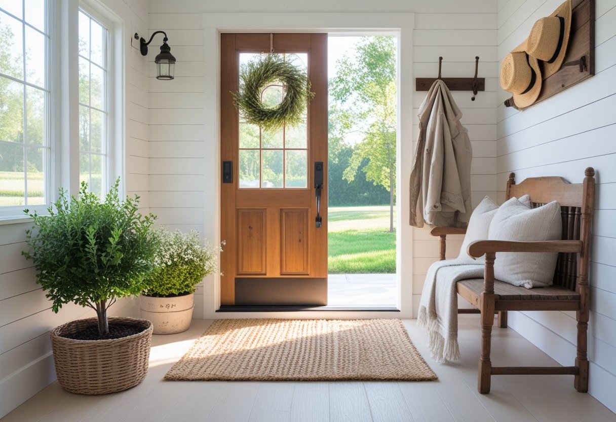 A bright entryway with a wooden door, a bench with cushions, a plant in a pot, and a coat rack with a hat and jacket.