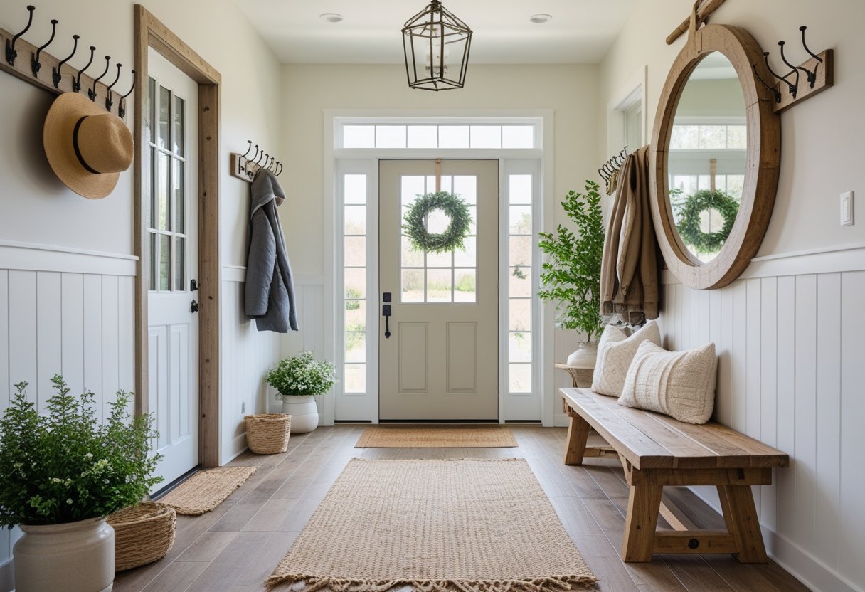 A bright and welcoming home entryway with a wooden bench, coat rack, round mirror, and potted plants.