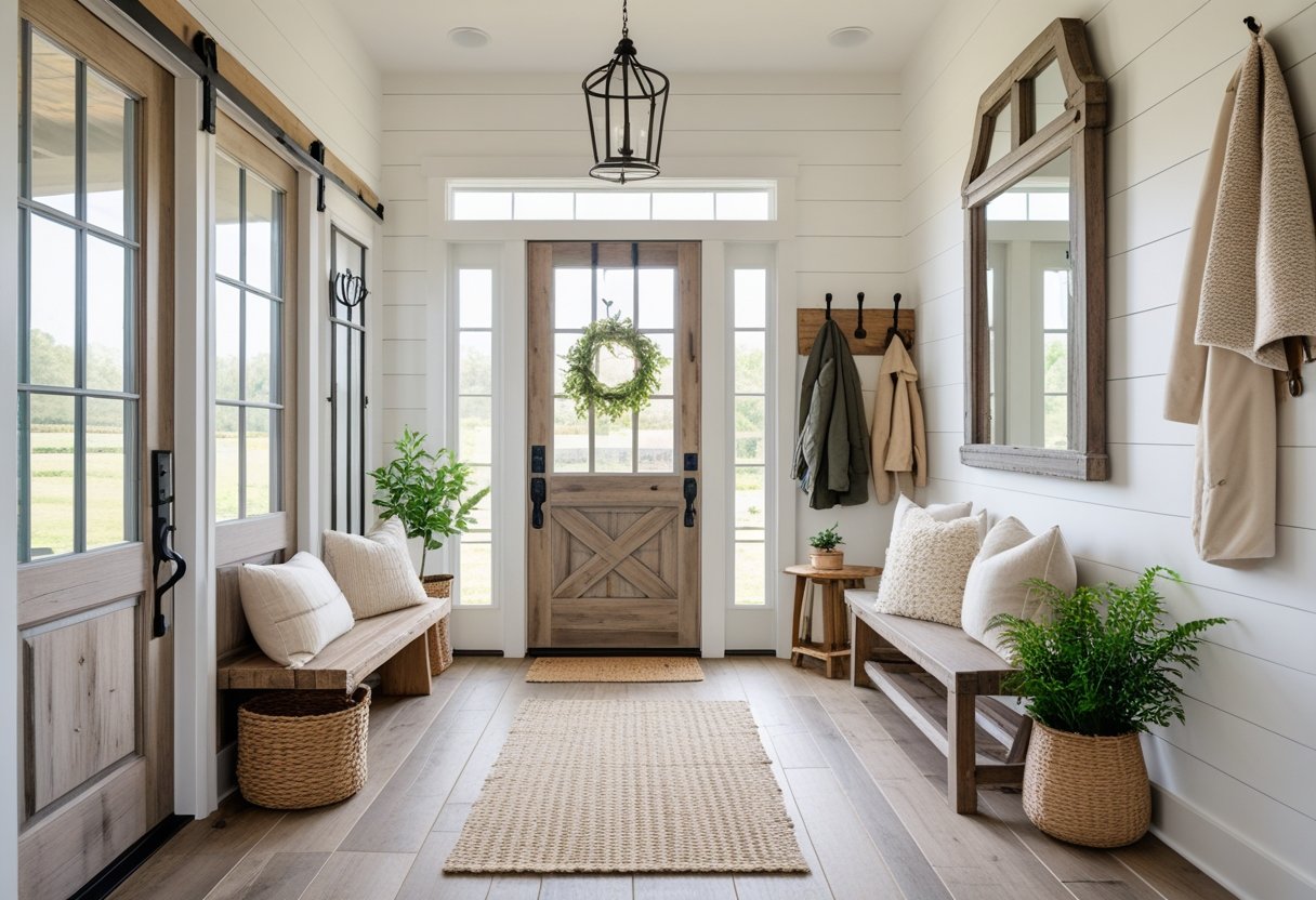 A bright entryway with a wooden door, bench with cushions, coat rack with hats and jackets, a mirror, and a potted plant.
