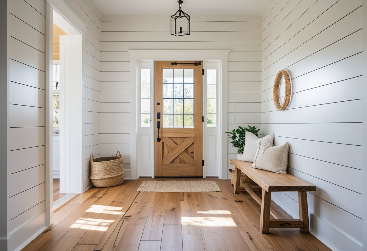 A clean and well-lit entryway with white paneled walls, natural wood flooring, and a wooden door with black hardware, featuring simple rustic decor.