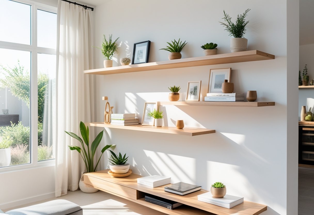 A living room wall with floating shelves holding plants, books, and decorative items in a bright, sunlit space.