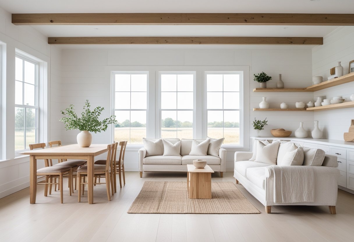 Bright and airy living room with white walls, wooden furniture, large windows, and simple decor.