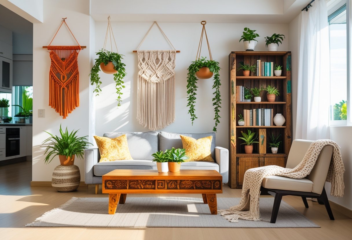 A modern living room featuring five handmade home decor items including a wooden coffee table, macramé wall hanging, painted plant pots with greenery, a reclaimed wood bookshelf, and a knitted throw on a sofa.