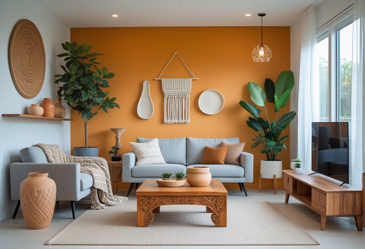 A modern living room with a bold accent wall and handmade decor items including a wooden coffee table, woven blanket, ceramic vases, custom wall art, and a potted plant.