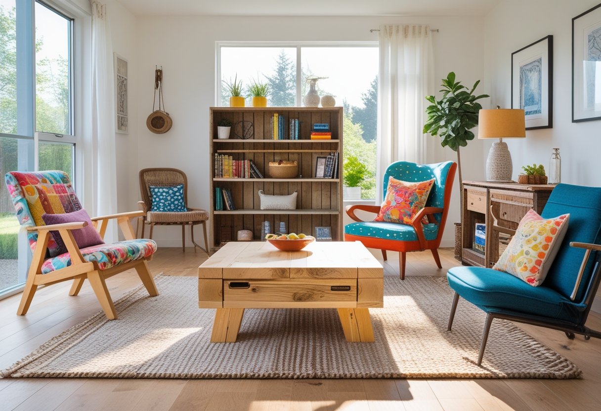A living room with several handmade and upcycled furniture pieces including a coffee table, chair, bookshelf, lamp, and rug, all arranged in a bright, welcoming space.