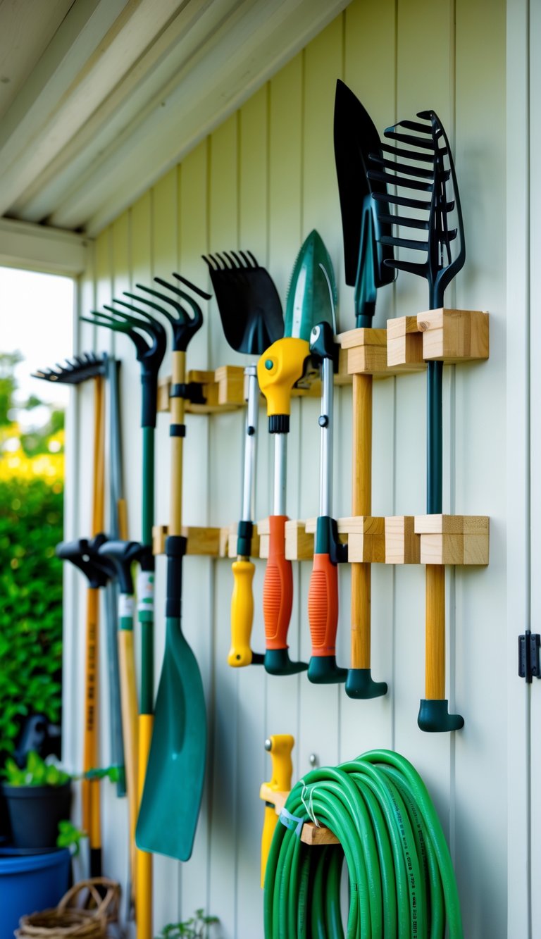 Vertical wall-mounted racks holding various gardening tools neatly organized on a shed wall.