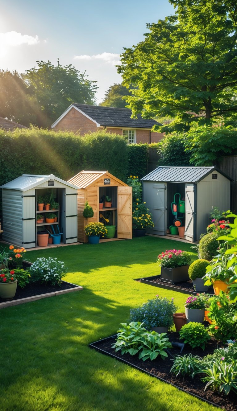 A backyard with several weatherproof garden storage sheds surrounded by grass, flowers, and bushes.